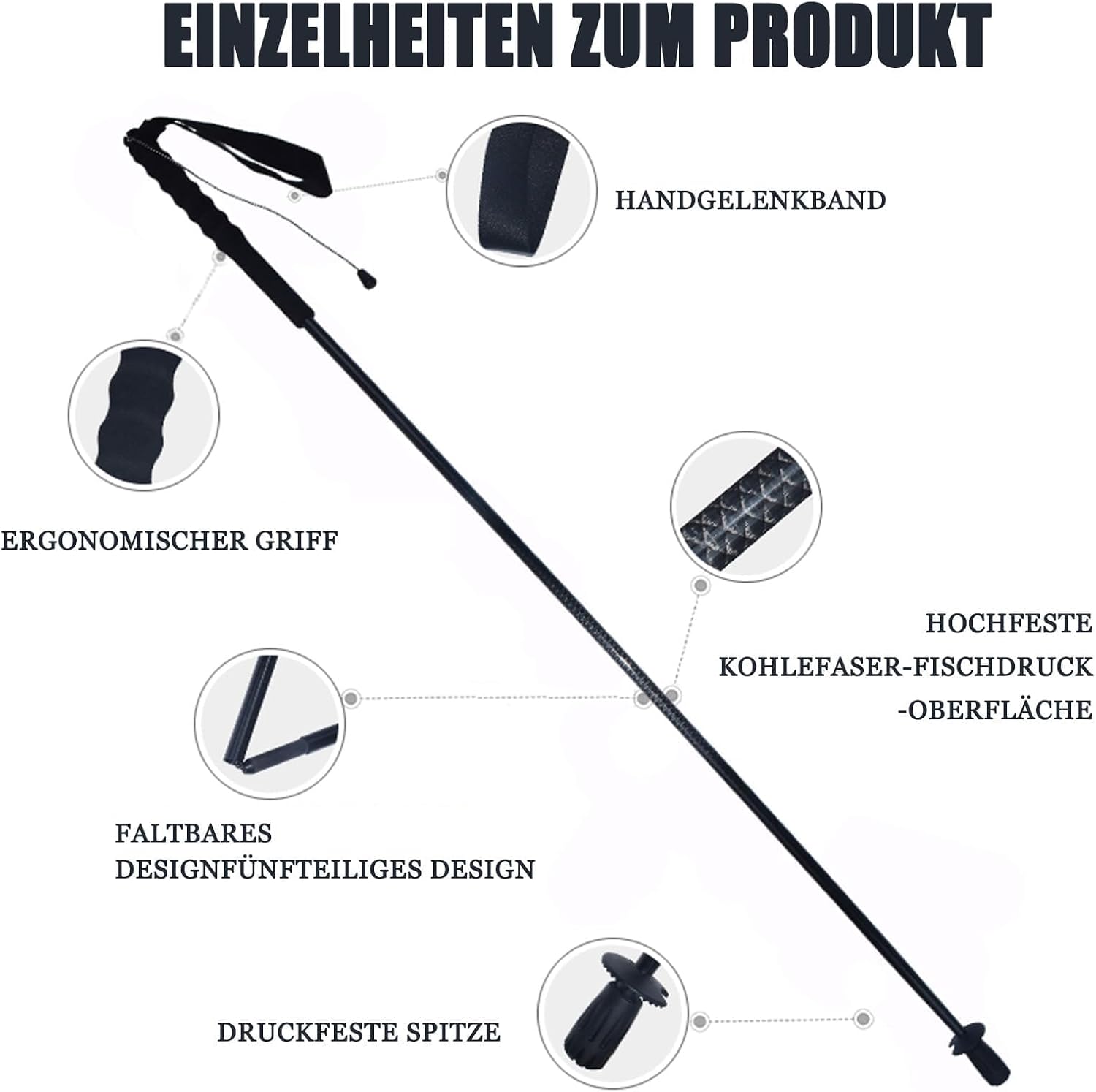 2-Piece 5-Section Carbon Fiber Folding Trekking Poles – Ultralight Straight Grip Sticks, Quick Lock, 7.9 oz Each, Extends to 53" - Image 2