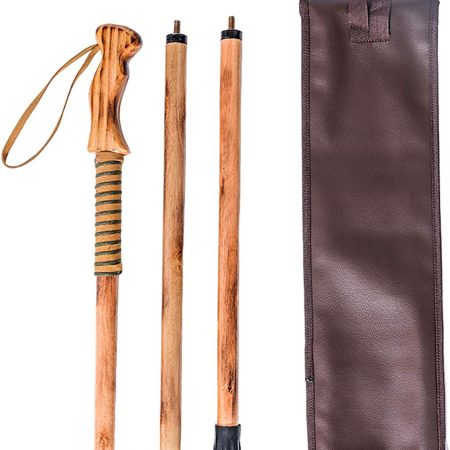 3-Piece 55" Pine Handle Detachable Walking Staff – Compass Top, Paracord Wrap, Velvet Strap, Rubber Tip, Faux Leather Pouch, 1.6 lbs