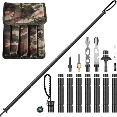 7-Section Tactical Survival Aluminum Trekking Pole – Multifunctional Walking Stick with Emergency Tools, 53" Extended, 1.2 lbs