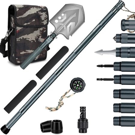 Heavy-Duty Survival Hiking Staff with Detachable Camp Shovel – 55" Aluminum Trekking Pole, Multitool Head, 2.5 lbs