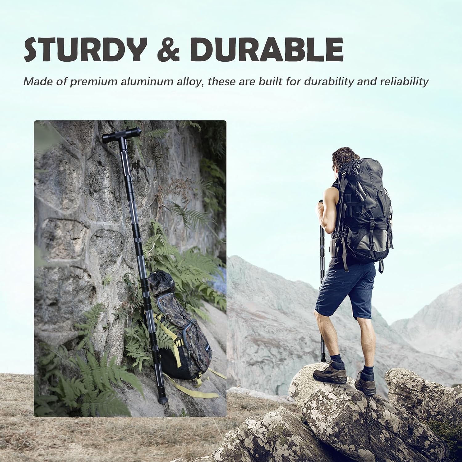 Tactical Aluminum Hiking Staff – Multitool Walking Stick with Built-In Compass and Survival Accessories, 53", 1.4 lbs, Gray - Image 2